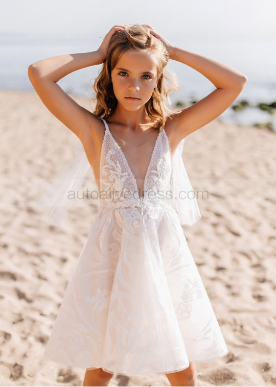 Beaded V Neck White Lace Flower Girl Dress